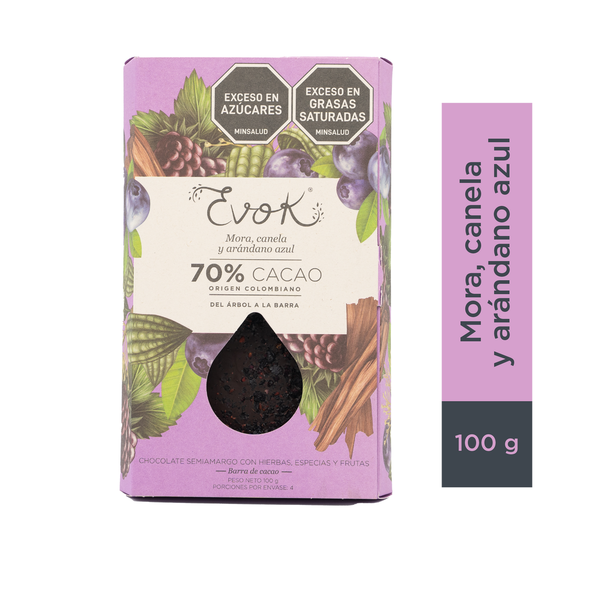 Evok Chocolate 70% Mora Canela Arándano Azul Barra x 100 g