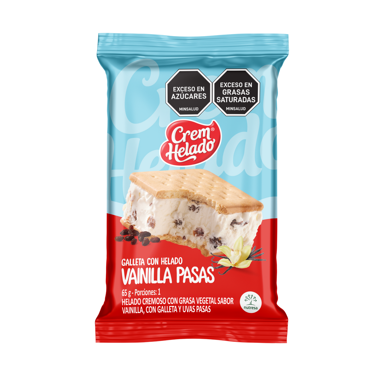 Crem Helado Galleta con Helado Vainilla con Pasas Caja x 20 Un x 65 g