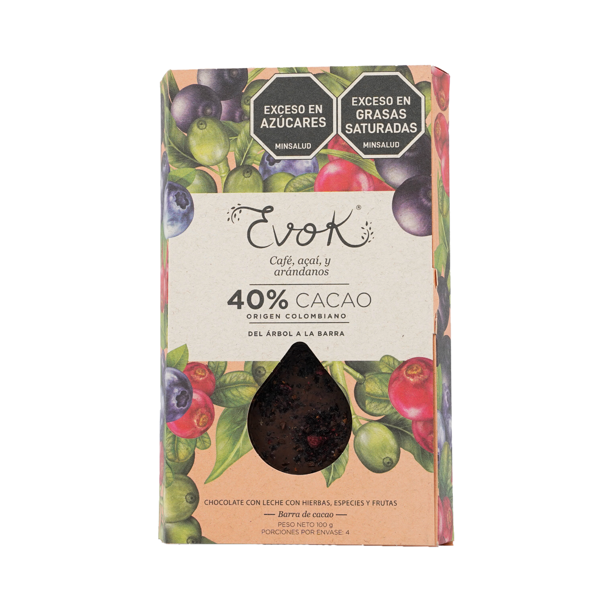 Evok Chocolate 40% Café Acaí Arándanos Barra x 100 g