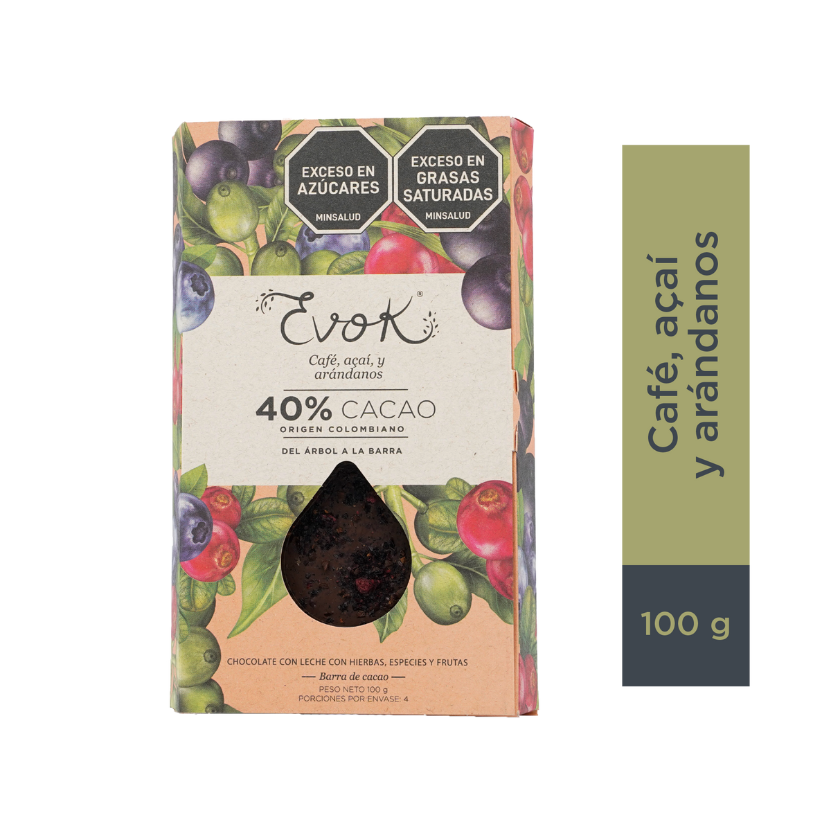 Evok Chocolate 40% Café Acaí Arándanos Barra x 100 g