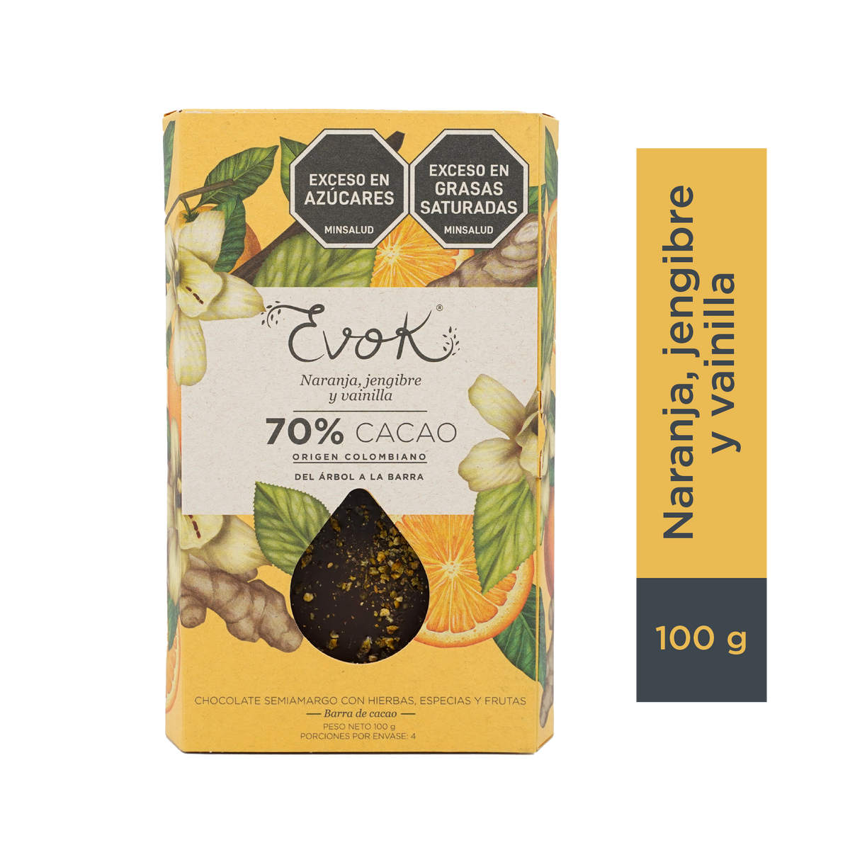 Evok Chocolate 70% Naranja Jengibre Vainilla Barra x 100g