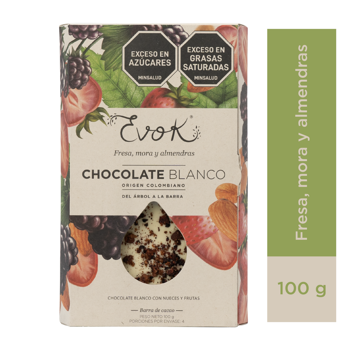 Evok Chocolate Blanco Fresa Mora Almendras Barra x 100 g
