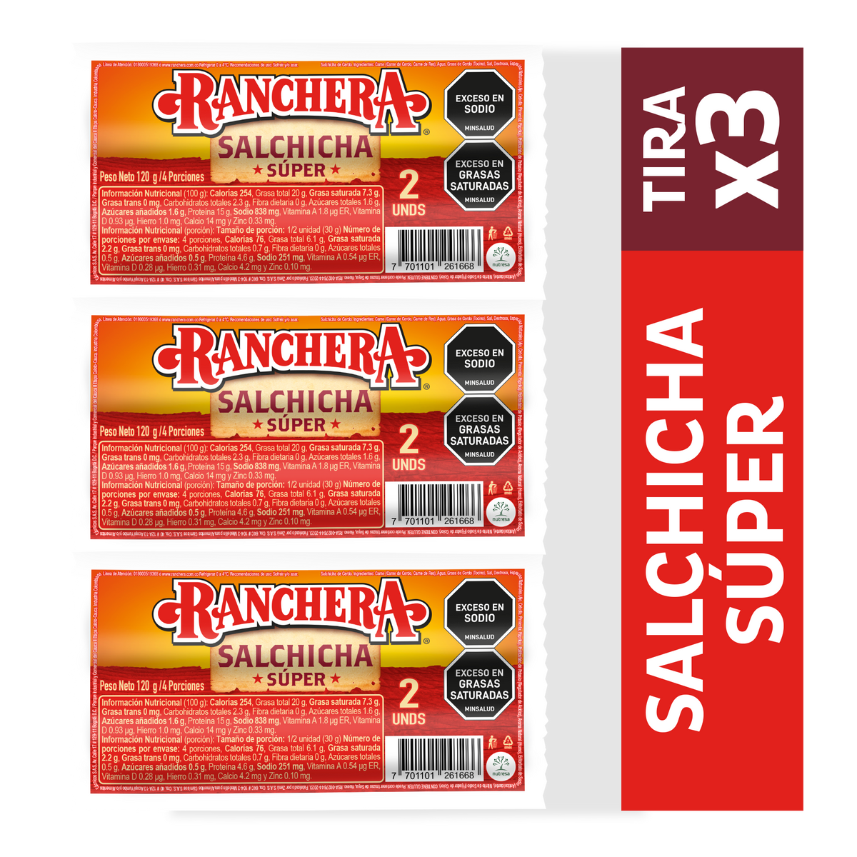Ranchera Salchicha Super Tira x 3 x 2 un x 120 g