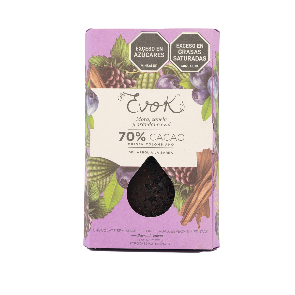 Evok Chocolate 70% Mora Canela Arándano Azul Barra x 100 g