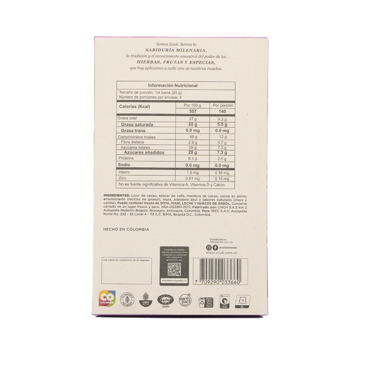 Evok Chocolate 70% Mora Canela Arándano Azul Barra x 100 g