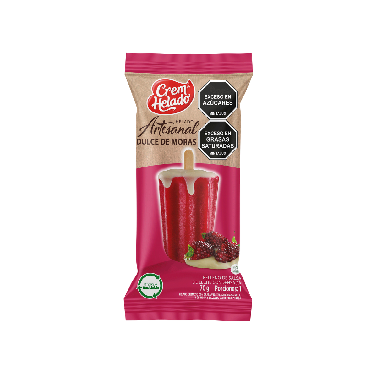 Crem Helado Artesanal Paleta Moras Leche Condensada Caja x 25 Un x 70 g