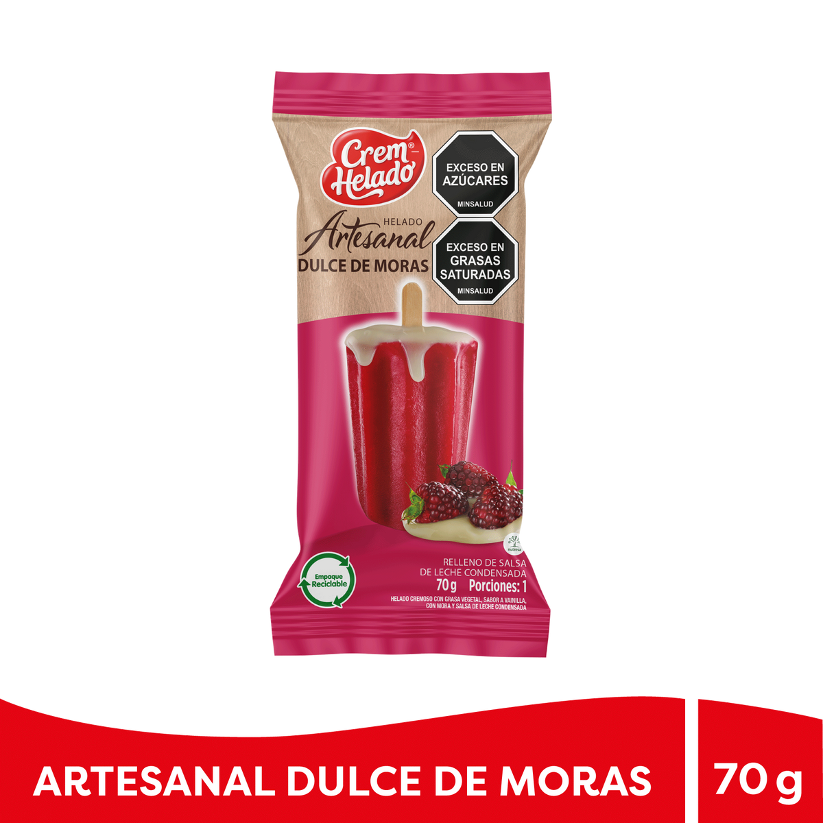 Crem Helado Artesanal Paleta Moras Leche Condensada Caja x 25 Un x 70 g