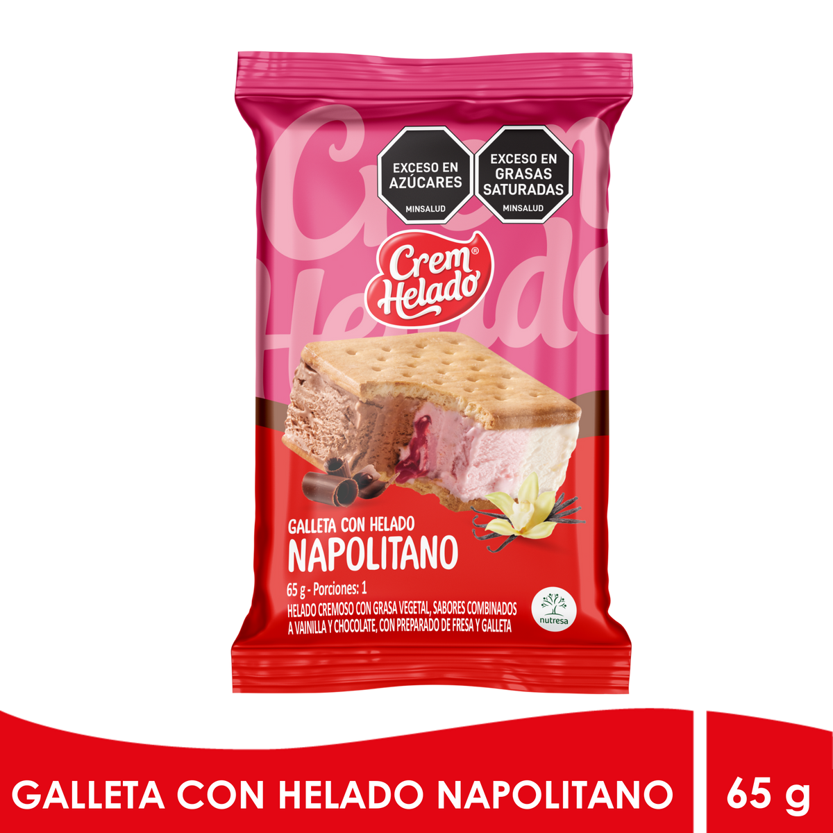 Crem Helado Galleta con Helado Napolitano Caja x 20 Un x65g