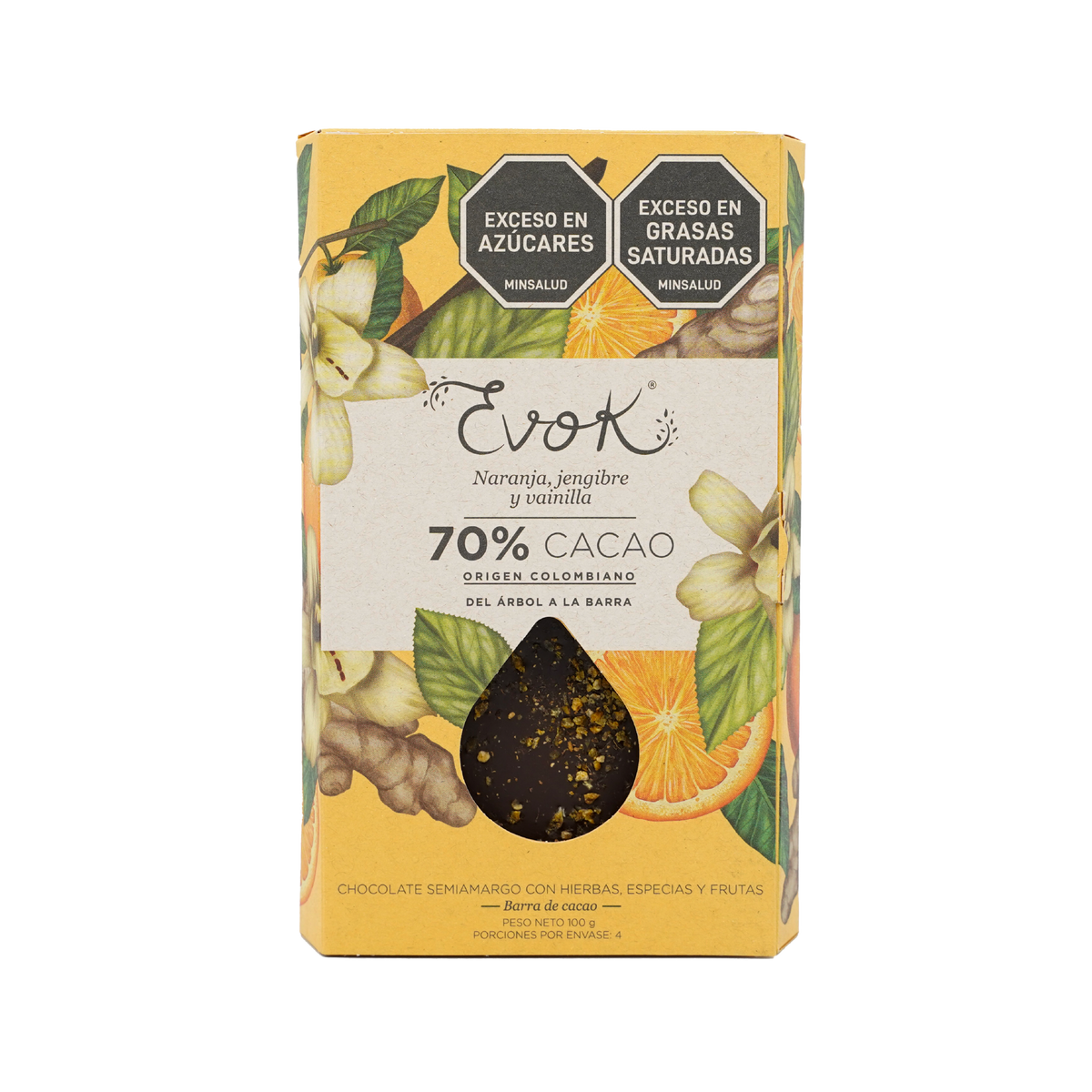 Evok Chocolate 70% Naranja Jengibre Vainilla Barra x 100g