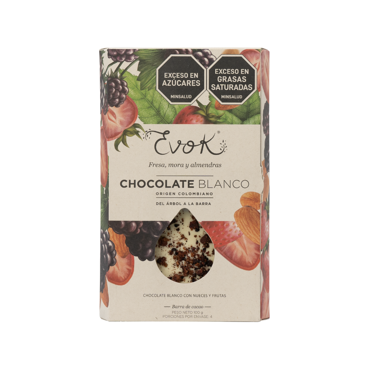 Evok Chocolate Blanco Fresa Mora Almendras Barra x 100 g