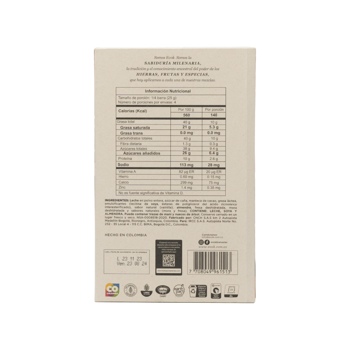 Evok Chocolate Blanco Fresa Mora Almendras Barra x 100 g